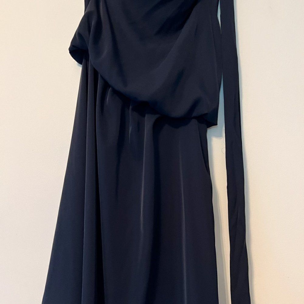 Amy Lynn Navy Blue One Shoulder Tie Satin Evening Midi Dress Size Medium - Picture 7 of 11